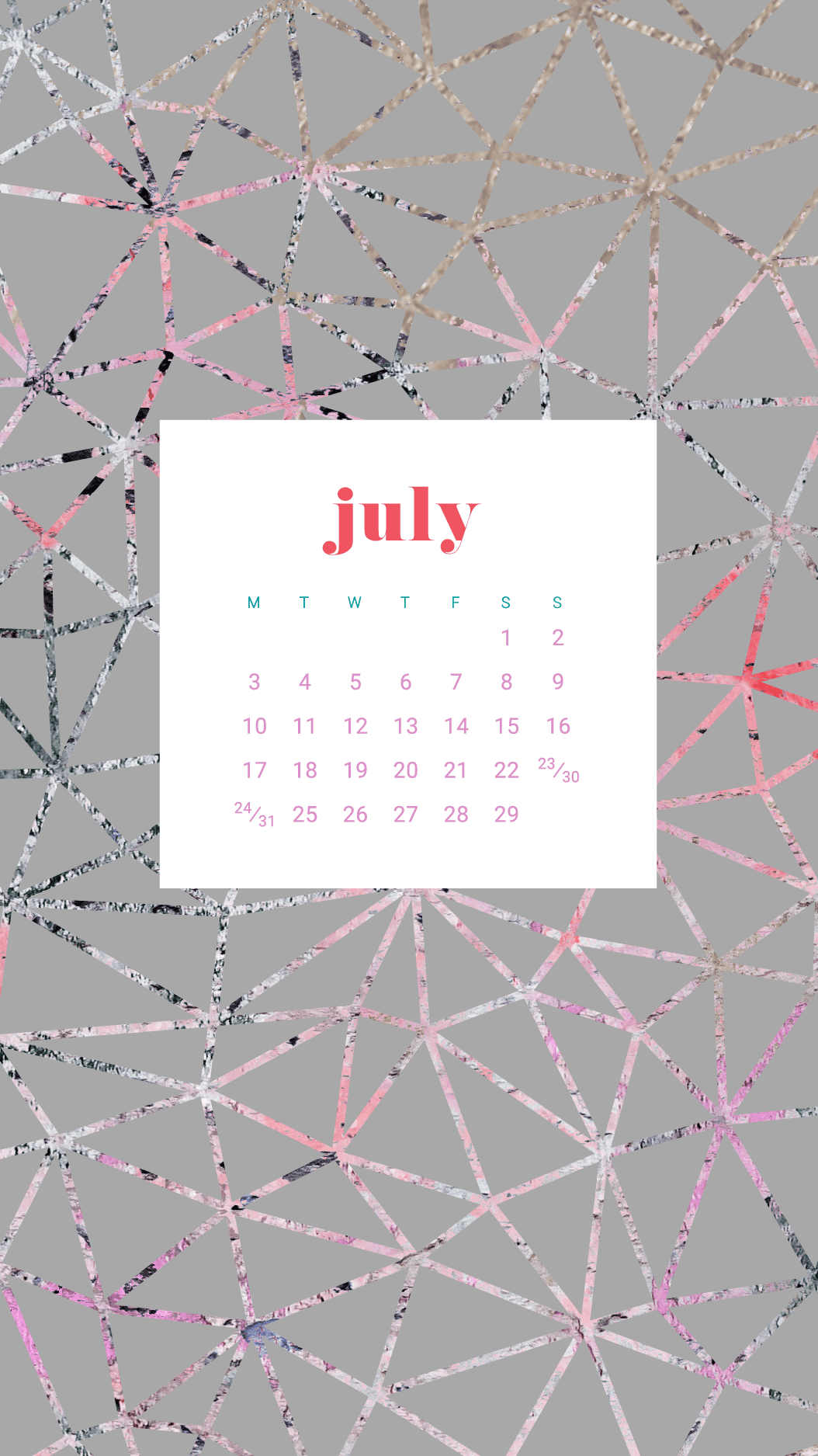 FREE July calendar wallpapers in both Sunday and Monday starts