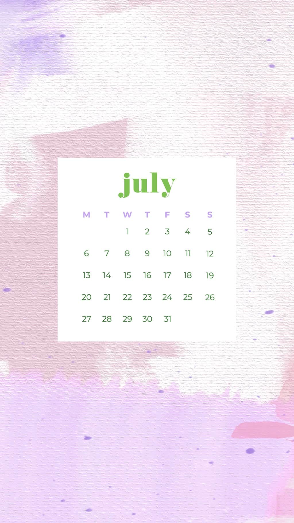 Free July wallpapers — 9 designs in both Sunday and Monday starts.