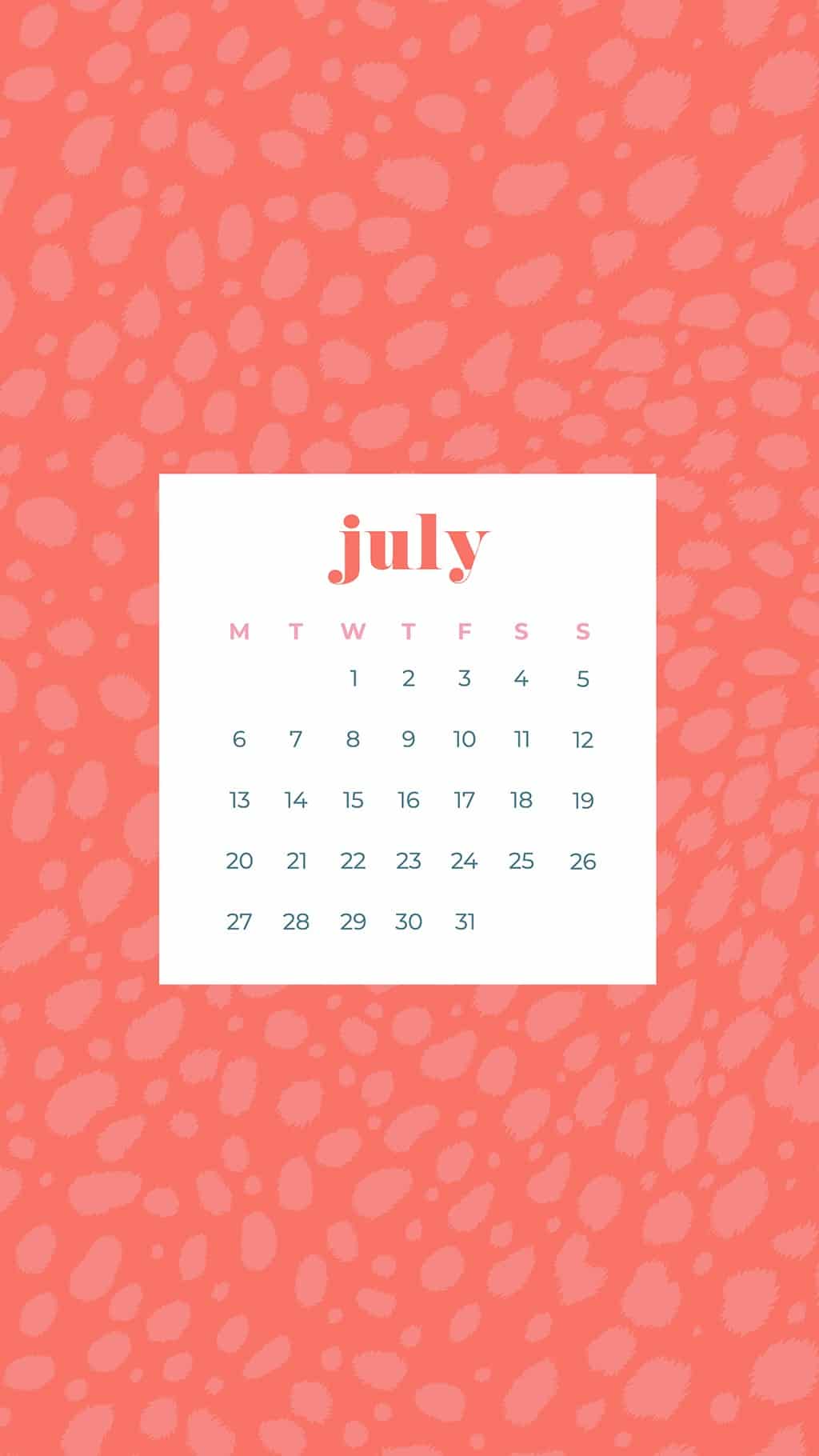 Free July wallpapers — 9 designs in both Sunday and Monday starts.